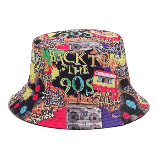 Quanhaigou Bucket Hat for Men Women,Packable Reversible Printed Sun Hats,Fisherman Outdoor Summer Travel Hiking Beach Caps - color: Colorful 90s