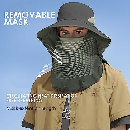 Outdoor Sun Hat Detachable Neck Face Flap UPF 50+UV Protection Visor Fishing Hats with Neck Flap for Men & Women - color: Dark Grey