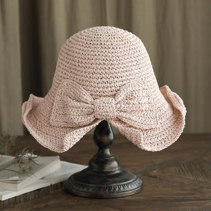 Foldable Wide Brim Floppy Straw Beach Sun Hat,Summer Bucket Cap with Bowknot for Women Girls - color: Light Pink