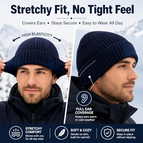 Oversize M/L/XL/XXL Merino Wool Beanie Hat for Men & Women - color: Navy, size: Medium-Large