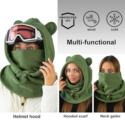 Fleece Balaclava Over Helmet - Warm Helmet Ninja Hood - Snowboard Hooded Hat Neck Gaiter Ski Mask - color: Pinegreen-earsup, size: One Size