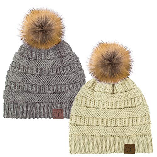 C.C Hat-43 Thick Warm Cap Hat Skully Faux Fur Pom Pom Cable Knit Beanie 2 Pack - color: Beige/Lt Melange