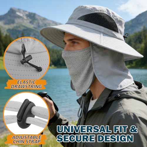 Wide Brim Sun Bucket Hat, Waterproof Boonie Hat for Men & Women - color: 07 Light Grey (Full Coverage)
