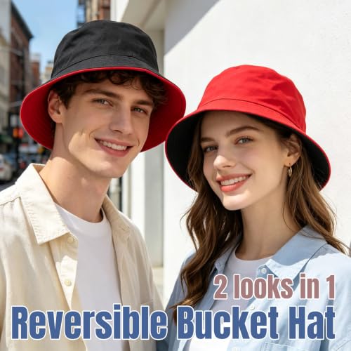 PFFY Reversible Bucket Hat for Women Men Cotton Sun Beach Fishing Cap - color: Black/Red (Reversible)