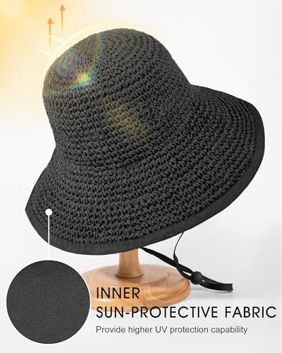 Sun Hats for Women, Summer Beach Straw Wide Brim Bucket Hat - color: Black, size: X-Large