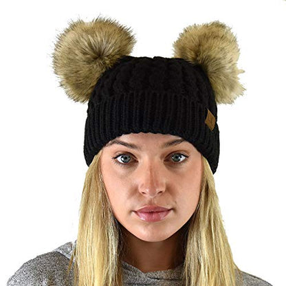 C.C 2 Ear Pom Pom Cable Knit Soft Stretch Cuff Skully Beanie Hat - color: Faux Fur Black