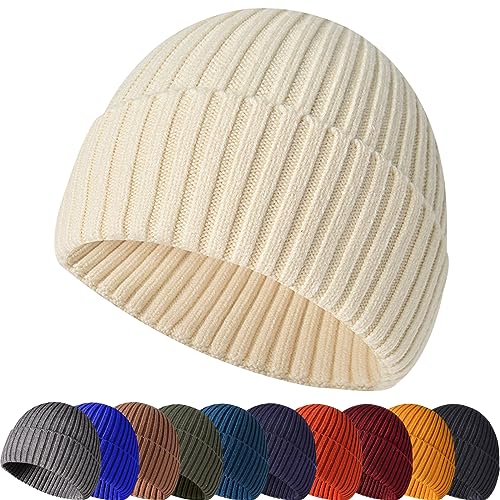 Winter Beanie Hat for Men & Women - Warm Stretchy Skull Cap, Thick Knitted Cuffed Beanies for Cold Weather - color: Beige