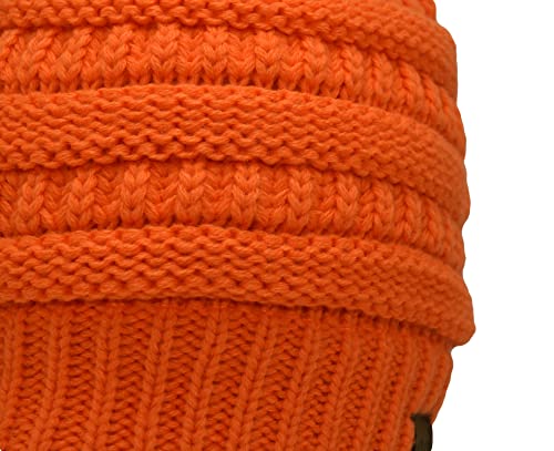 C.C Trendy Fuzzy Fleece Lined Warm Comfortable Soft Stretch Cable Knit Ribbed Faux Fur Pom Pom Beanie Hat - color: Neon Orange