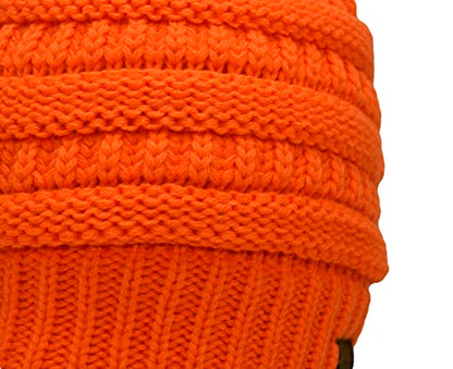 C.C Trendy Fuzzy Fleece Lined Warm Comfortable Soft Stretch Cable Knit Ribbed Faux Fur Pom Pom Beanie Hat - color: Neon Orange