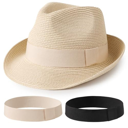 DRESHOW Women Straw Panama Hat Travel Fedora Beach Sun Hat Summer Wide Brim Straw Roll up Hat UPF 50+ - color: 1 Pc Roll Up Hat: Beige + 2 Replaceable Bands