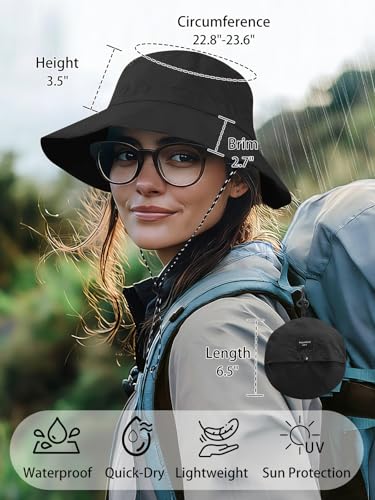Splash-Proof Packable Bucket Hat for Men Women Lightweight Foldable Fishing Hiking Sun Hat with Adjustable Chin Strap - color: Black