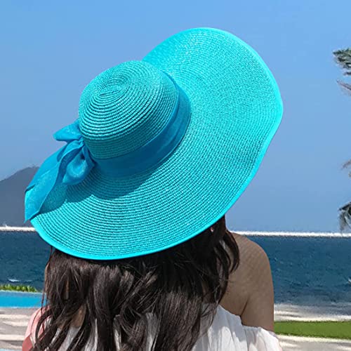 FSIGOM Women's Folable Floppy Hat,Wide Brim Sun Protection Straw Hat, Summer UV Protection Beach Cap - color: C1-f-blue, size: Medium
