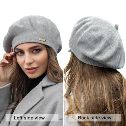Beret - Warm Lined Wool Angora Knit Berets - French Paris Hat for Women - color: Light Grey