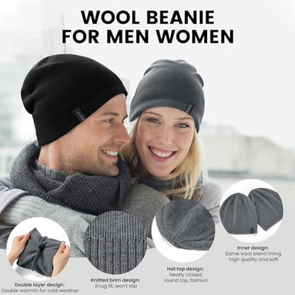 Wool Blend Ribbed Knit Beanie for Men Women, Double Layer Warm Winter Hat Beanies Skull Cap - color: Medium Grey