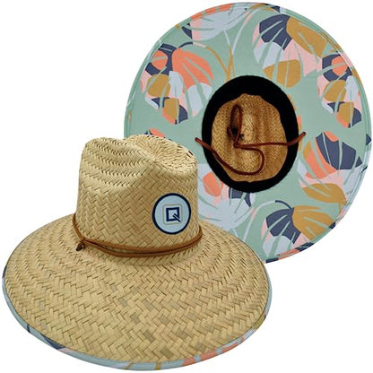Qwave Straw Hats for Women - Stylish Tropical Print Designs, Beach Gear Sun Hats for Women, Lifeguard Hat with Sun Protection - color: Seafoam Palm