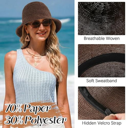 Babalet Mesh Woven Bucket Sun Hats for Women Floppy Wide Brim Beach Bucket Hat Foldable Lightweight UV Protection Summer Cap - color: Coffee