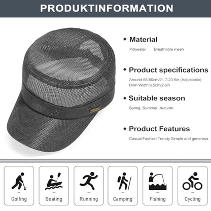 Initlove Cadet Army Cap for Men Women Military Hat Mesh Flat Top Hats for Summer - color: Dark Grey