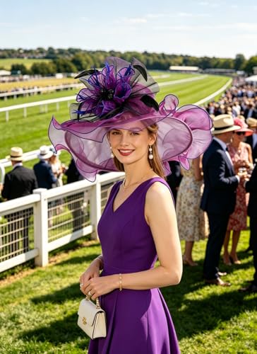 Women's Organza Church Kentucky Hat Fascinato Wedding Cocktail Tea Party Derby Hats Sun Hat - color: 01-purple Red