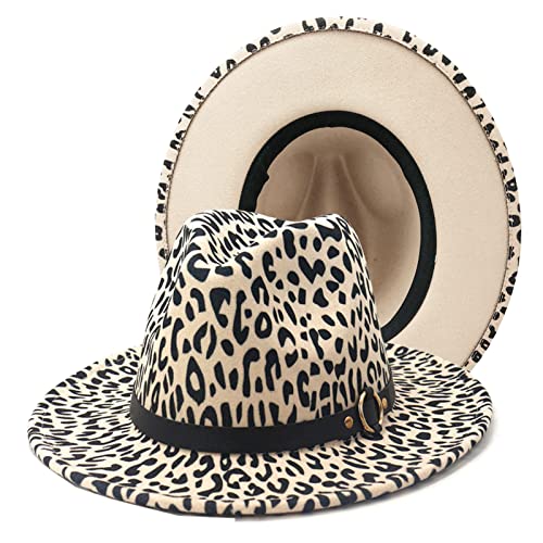 Women's Wide Brim Felt Fedora Panama Hat with Leopard - color: Z-beige