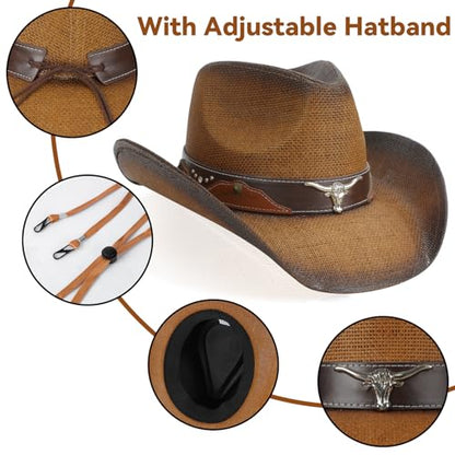 WQWOVRVO Cowboy Hat,Cowgirl Hat,Western Cowboy Hats for Women/Mens/Straw Wide with Shapeable Brim Cowboy Hat for Womens - color: Brown