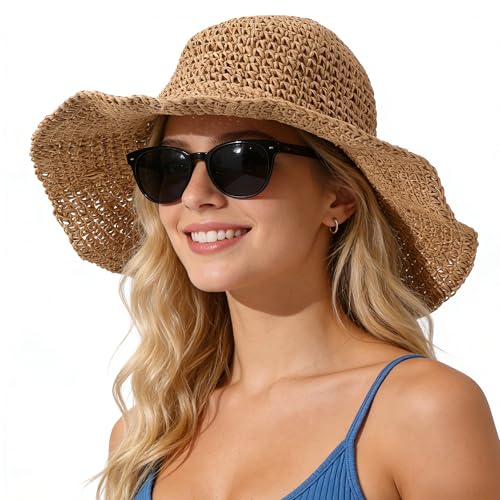 Womens Beach Straw Hats Floppy Wide Brim Crotchet Sun Hat Foldable Packable Summer Outdoor Vacation Travel - color: Khaki1