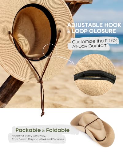 FURTALK Sun Hat Panama Fedora Straw Beach Hat with Wind Lanyard UPF - color: Khaki, size: Large-X-Large