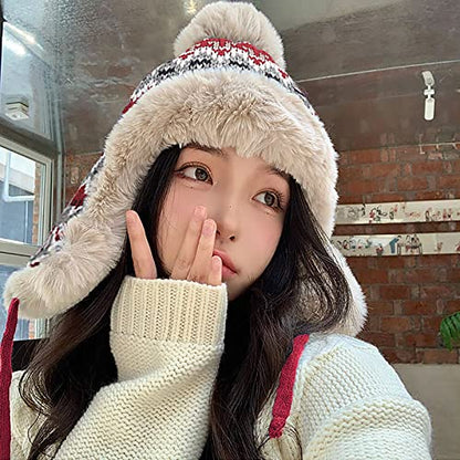 Women Winter Beanie Hat Thick Fleece Lined Warm Earflap Trapper Hat Pom Pom Jacquard Knited Outdoor Ski Snow Cap - color: Red