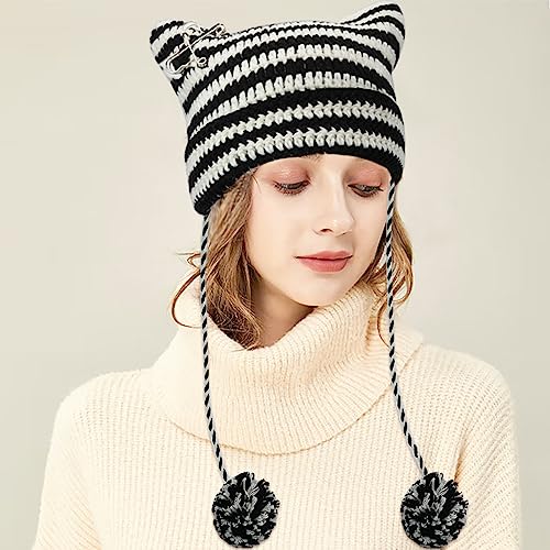 XYIYI Crochet Hats for Women Fox Knit Hat with Pompoms Grunge Goth Accessories Slouchy Beanies for Women Girls - color: Black White