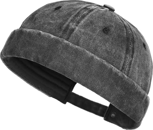 XYIYI Washed Cotton Brimless Hats for Men Vintage Docker Beanie Cap Rolled Cuff Skullcap - color: Black