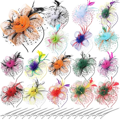 Tarpop 16 Pcs Fascinators Hat Tea Party for Women Flower Mesh Fascinators Hat Wedding Feather Headband Cocktail Hair Clip - color: Mixed Colors, style: Stylish