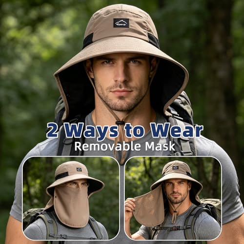 Outdoor Sun Hat for Men Women, UPF 50+ Safari Cap Fishing Hat with Detachable Face Cover & Neck Flap Beach Garden Hiking - color: 1pack-khaki