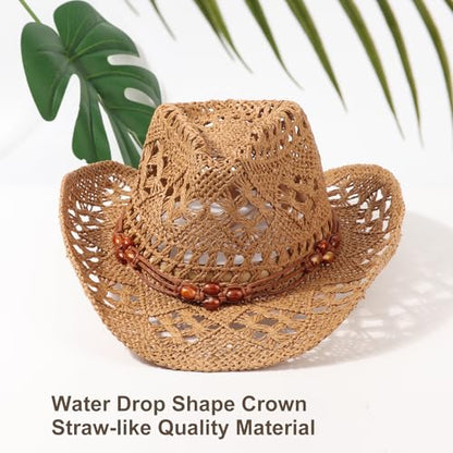 AQOKKA Straw Cowboy Hats for Women Men Western Cowgirl Hats with Shapeable Brim Woven Hollow Out Unisex Beach Roll Up Caps - color: Brown Beads Cowboy Hat : Khaki a