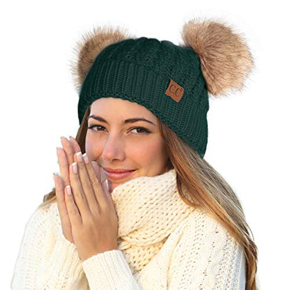 C.C Hatsandscarf Exclusives Cable Knit Double Pom Winter Beanie (HAT-2055)(HAT-23) - color: Deep Pine-natural Pom