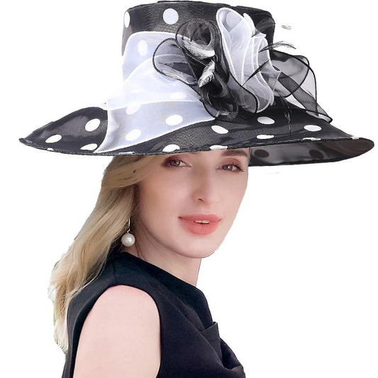 Organza Kentucky Dots Fascinator Hat for Women Ladies Wide Brim Big Sun Hats Wedding Church Hat Derby Cap - color: Black and White