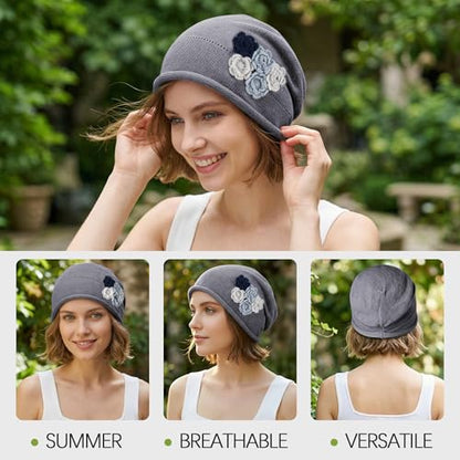 Ababalaya Breathable Cotton Linen Slouchy Beanie Hat for Women - color: Light Gray