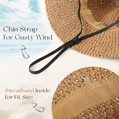 Beach Sun Hats for Women, Wide Brim Straw Hat, UPF 50+ UV Protection - color: Khaki-shell