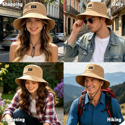 ZOORON Sun Bucket Hats for Women Men UPF 50+Packable Fishing Hats Quick Dry Waterproof Hiking Hat with Detachable Chin Strap - color: 1pack-khaki