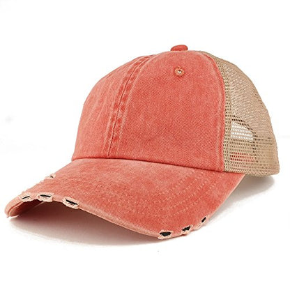 Trendy Apparel Shop Pigment Dyed Front Mesh Back Frayed Bill Trucker Cap - color: Orange