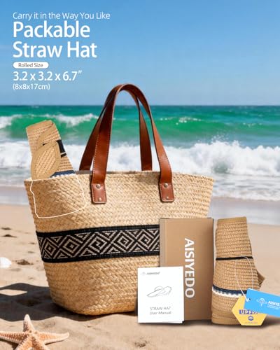 Sun Visor Hats for Women Packable Straw Hat for Travel, UPF 50+Summer Wide Brim Ponytail Beach Hat