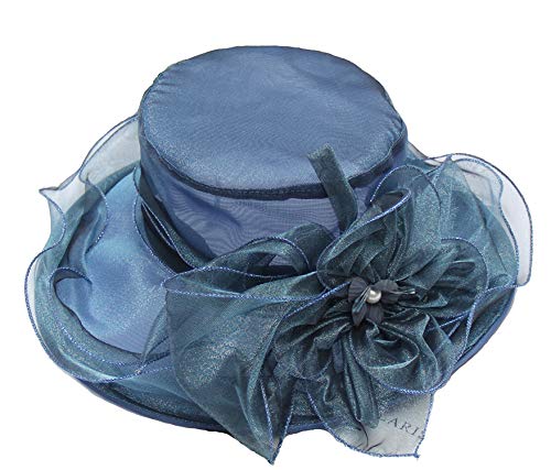 Organza Fascinator Hat - Women’s Wide Brim Church Bridal Tea Party Wedding Hat - color: 02a-darkblue
