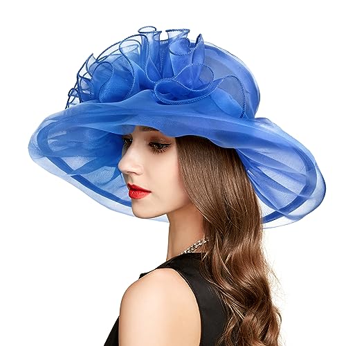 2026 Derby Hats for Women Ladies, Classy Organza Sun Hat, Church Tea Party Wedding Kentucky Fascinator Hat - color: 3a-4541-royal Blue