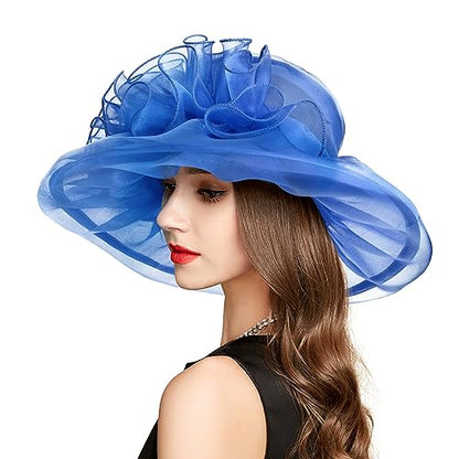 2026 Derby Hats for Women Ladies, Classy Organza Sun Hat, Church Tea Party Wedding Kentucky Fascinator Hat - color: 3a-4541-royal Blue