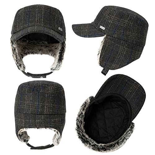 TOP-EX Oversized XL/XXL Unisex Winter Trapper Military Hat Faux Fur Earflaps Quilted Lined Baseball Cap - color: Brown(twill), size: Large