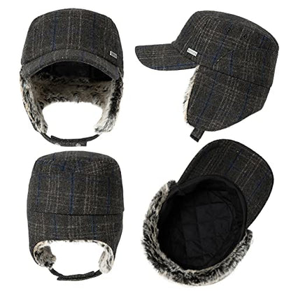 TOP-EX Oversized XL/XXL Unisex Winter Trapper Military Hat Faux Fur Earflaps Quilted Lined Baseball Cap - color: Brown(twill), size: Large