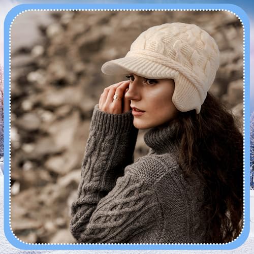 Jenaai Winter Beanie with Brim and Earflap for Woman Outdoor Warm Thermal Knitted Hat for Women Men Cold Weather - color: Beige
