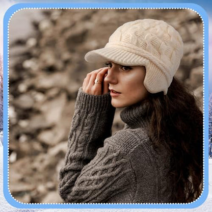Jenaai Winter Beanie with Brim and Earflap for Woman Outdoor Warm Thermal Knitted Hat for Women Men Cold Weather - color: Beige