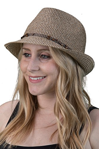 Funky Junque Short Brim Fedora Packable Sun Hat for Women - color: 2 Pack - Black & Brown Multi W/ Beaded Ropes