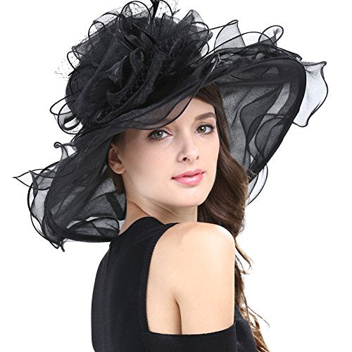 Janey&Rubbins Women's Feathers Floral Fascinating Wide Brim Lightweight Church Derby Hat - color: Black