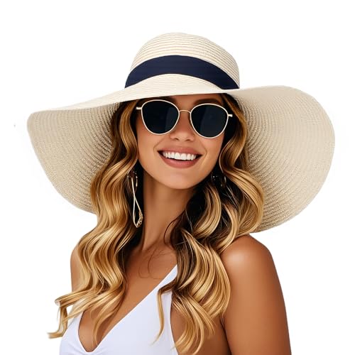 Barelove Sun Straw Hat Wide Brim Shape Hat with UPF 80+, Packable Foldable Floppy Summer Beach Hat for Women Men - color: Beige-wide