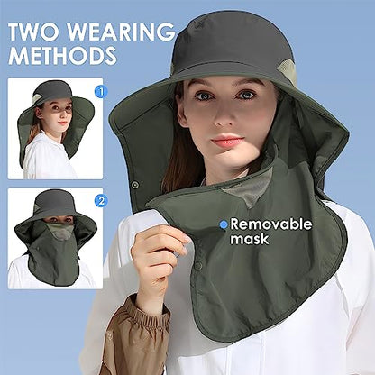 Outdoor Sun Hat Detachable Neck Face Flap UPF 50+UV Protection Visor Fishing Hats with Neck Flap for Men & Women - color: Dark Grey